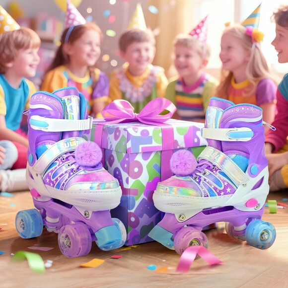 Kids Purple Rainbow Adjustable Light Up Roller Skates With Fluffy Pom Poms - Picture 7 of 9